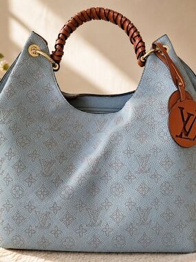 Perforated Leather Hobo Bag Blue Tan Braided Handle Designer Style